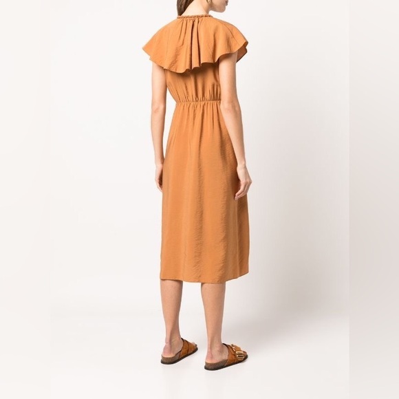 Vince ruffled true wrap midi dress viscose blend mustard color size XS - Picture 12 of 16